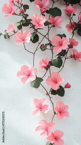 Delicate pink flowers with dark green leaves cascading gracefully against a soft white background, evoking a sense of calm and natural beauty
