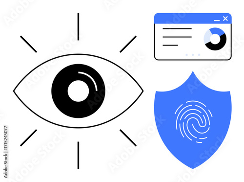 Eye emphasizing focus, shield with fingerprint symbolizing security, and analytics window showing data protection. Ideal for privacy, cybersecurity, monitoring, technology, authentication, safety