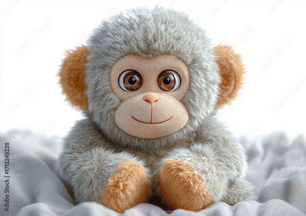 Fototapeta premium Close-up of a cute, fluffy stuffed monkey toy with large shiny eyes and a gentle smile sitting on a soft blanket