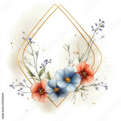 delicate watercolor floral composition with soft blue and coral flowers intertwined with small buds and green leaves framed by elegant golden geometric lines