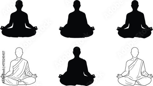 Silhouette and outline of meditating monk in lotus position, yoga meditation, spiritual practice, mindfulness, inner peace, relaxation, calm balance