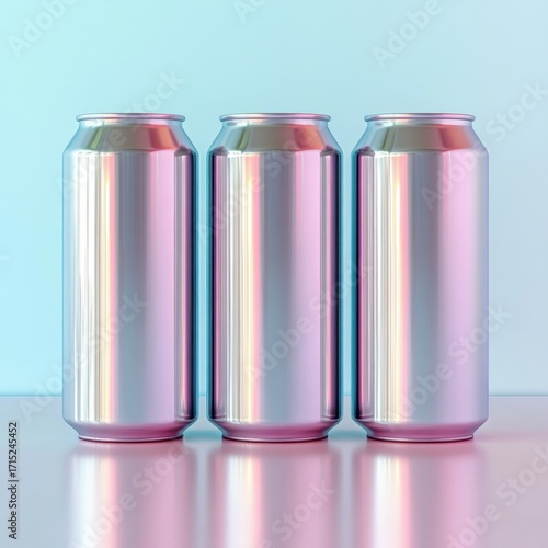 Three shiny metallic beverage cans standing in a row on a reflective surface against a pastel blue background with colorful light reflections