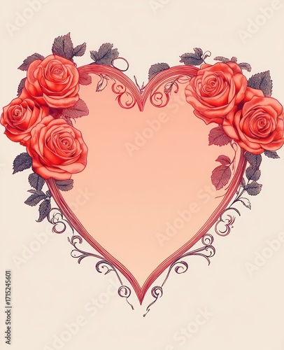 Delicate heart-shaped frame adorned with blooming red roses and intricate swirling vines evoking a romantic and elegant sentiment