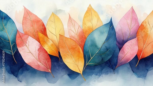 Watercolor painting of various colorful leaves in shades of pink, yellow, orange, blue, and purple arranged in a soft abstract background, evoking an artistic and serene mood