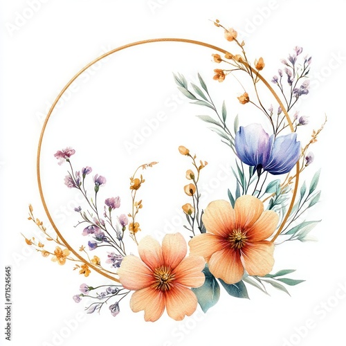 Delicate floral arrangement featuring orange and purple flowers with green leaves surrounding a thin golden circular frame on a white background
