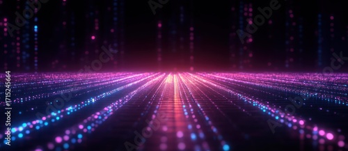 Glowing digital landscape with vibrant rows of pink and blue lights converging towards a bright horizon, evoking a futuristic and dynamic atmosphere