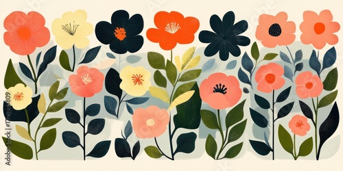 Colorful field of stylized flowers with various blossoms and green leaves creating a vibrant and cheerful natural scene