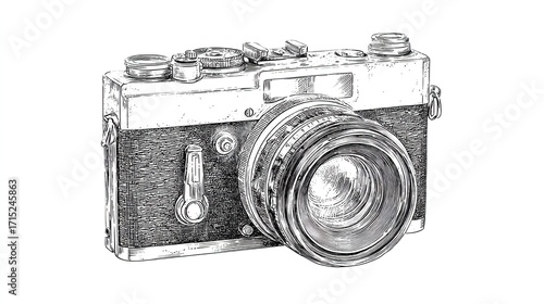 Detailed pencil sketch of a vintage camera