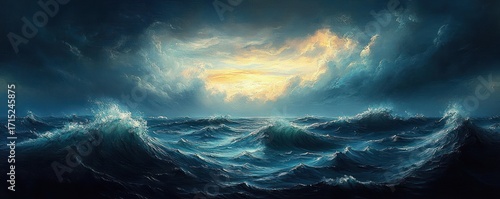 Vast dramatic ocean with powerful waves under a turbulent cloudy sky illuminated by a bright glowing sunset