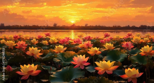 Vibrant lotus flowers in yellow and pink bloom across a pond at sunset with an orange sky and the sun reflecting on the water, creating a peaceful and warm atmosphere