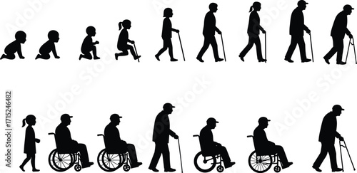Human life cycle silhouette, aging stages illustration, mobility support, elderly care concept, generational transition, black vector icons, healthcare awareness design