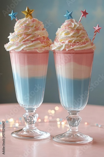 Wallpaper Mural Two layered pastel pink and blue milkshakes topped with whipped cream, pink sprinkles, and colorful star-shaped stirrers on a soft pink surface with a blurred blue background Torontodigital.ca