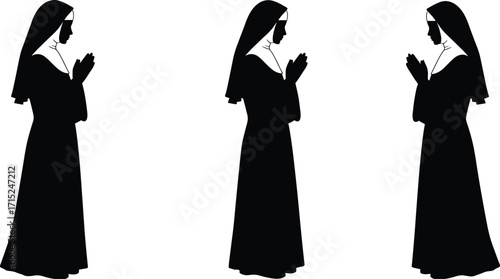 Silhouette of praying nuns in traditional habit, Christian women devotion, Catholic sisters worship, religious spirituality, holy faith, peaceful prayer illustration