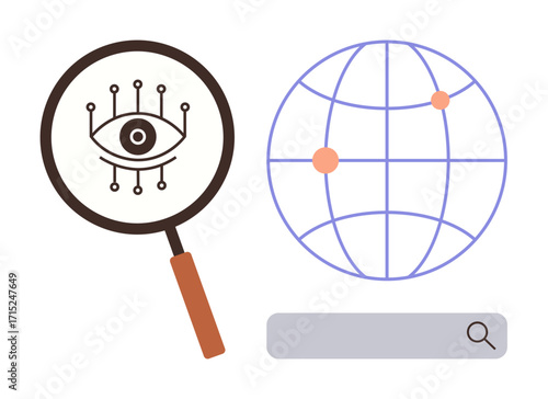Magnifying glass with digital eye, globe with pinpoint markers, and search bar representing technology, data analysis, internet, cybersecurity, global tech trends, network, simple flat metaphor