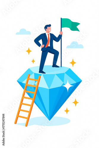 Successful businessman plants flag atop giant diamond, celebrating achievement with a ladder leading up