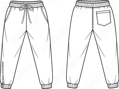 Jogger pants technical drawing, fashion flat sketch, front and back view, garment design, apparel template, elastic waist, patch pocket