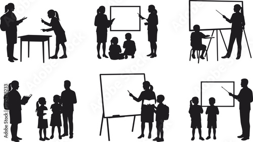 Silhouette teacher with students, classroom learning, children education, teaching presentation, school instruction, student guidance, black white vector illustration, educational concept