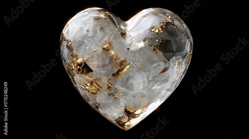 A heart-shaped, frosted glass object, textured with gold flecks, against a black background