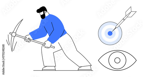 Man using pickaxe for mining activity, accompanied by a bullseye and an eye symbol. Ideal for focus, vision, achievement, hard work, goal setting, precision determination. Simple flat metaphor