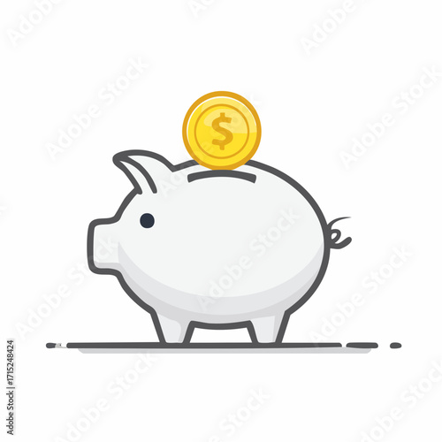 Flat vector white piggy bank icon with golden coin, minimal modern design, isolated on white, perfect for finance, savings, investment, and banking apps.