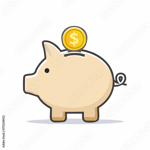 Golden piggy bank icon with coin, flat vector style, isolated on white background, symbol of wealth, finance, savings, investment, and money growth
