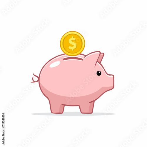 Flat vector pink piggy bank with golden coin, modern clean style, isolated on white, ideal for savings, finance, investment, and money concepts