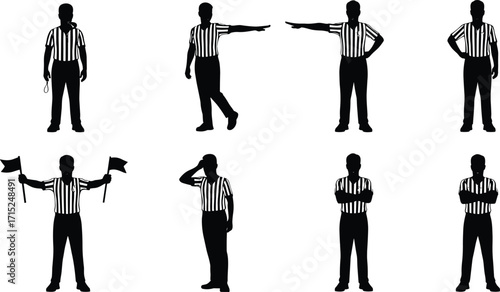 Sports referee silhouette illustration, referee gestures vector, official signals and calls, referee authority figure, whistle judgment, referee decision making, game rules enforcement
