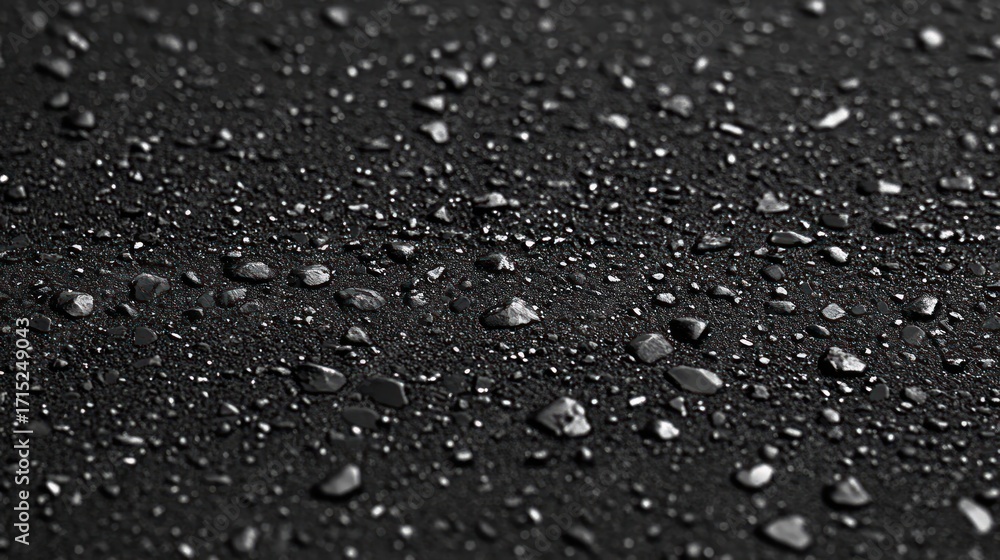 Fototapeta premium Close-up of water droplets scattered on a dark rough surface reflecting light with a moody and cool atmosphere