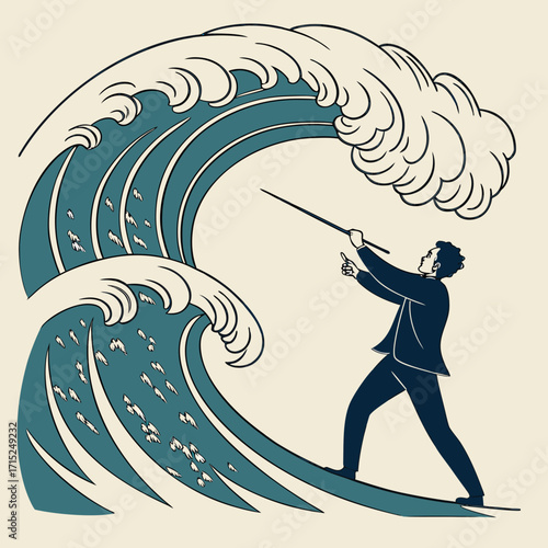 “Silhouette of a giant wave curling into a symphony conductor’s hand, ocean merging with music, symbolizing nature’s rhythm, harmony, and creative force of the sea.”