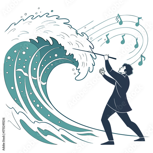 “Silhouette of a giant wave curling into a symphony conductor’s hand, ocean merging with music, symbolizing nature’s rhythm, harmony, and creative force of the sea.”