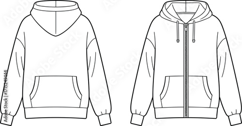 Pullover hoodie, zip up hoodie, fashion template, sweatshirt design, apparel mockup, clothing illustration, casual wear, garment vector, unisex style, streetwear