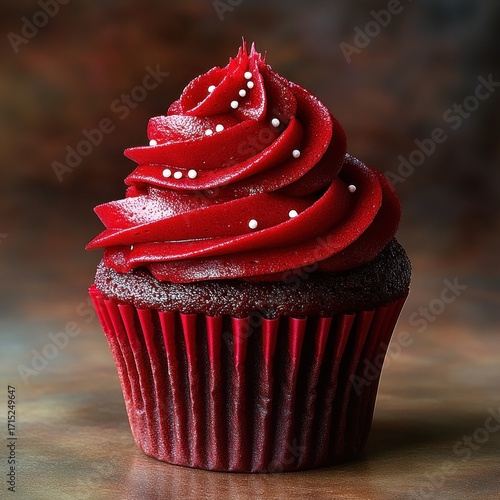 Close-up of a chocolate cupcake with rich red frosting and white sugar pearls in a red cupcake liner on a blurred brown background