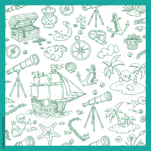 Pirate and Nautical Adventure Doodle Pattern.