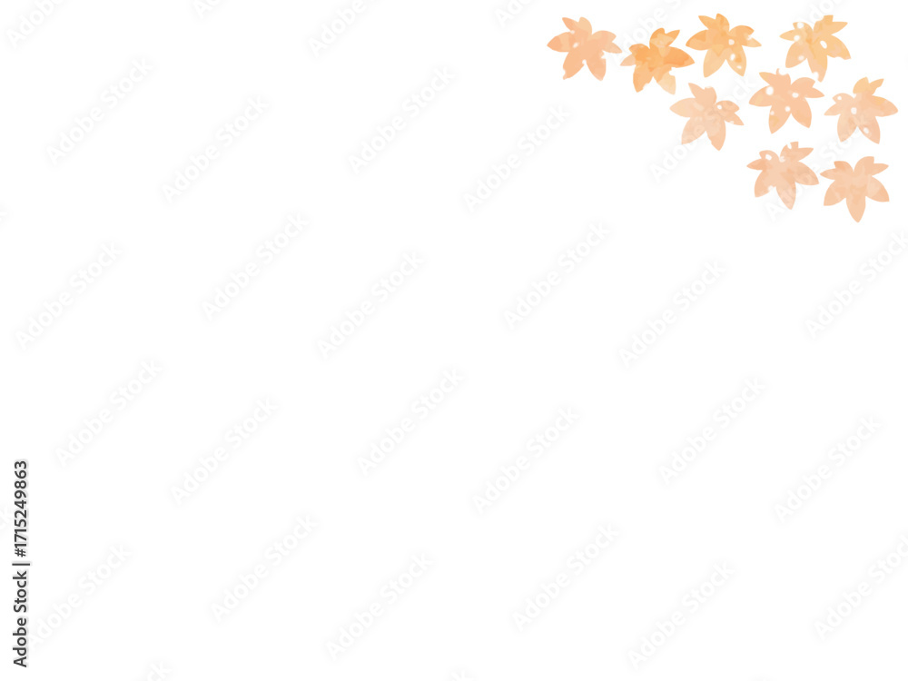 Obraz premium モミジの紅葉イメージの背景素材。かわいい葉っぱのシルエット。やさしい色調で水彩のテクスチャー。光や水滴の輝き。右上に挿絵のあしらい。