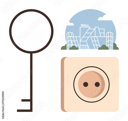 Thin simple key, two-hole power socket, and geometric shopping mall design. Ideal for security, energy, retail convenience, innovation, urban development, connectivity and technology in a simple
