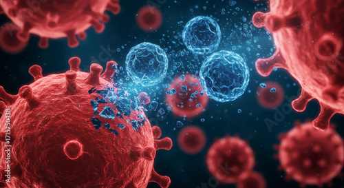 3D rendering of the human immune system with T-cells or antibodies neutralizing and destroying an invading coronavirus pathogen