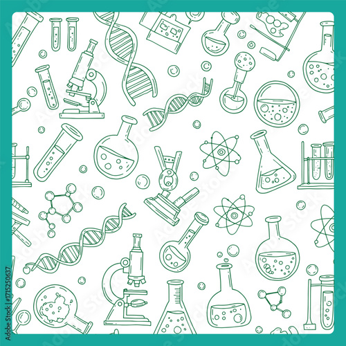Science and Laboratory Equipment Seamless Pattern with DNA Flasks and Microscopes.
