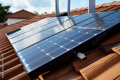 Close-up of solar panels installed on a terracotta tiled roof under daylight