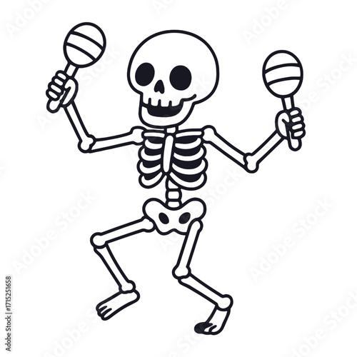 Dancing skeleton maraca cartoon black and white festive joyful outline fun