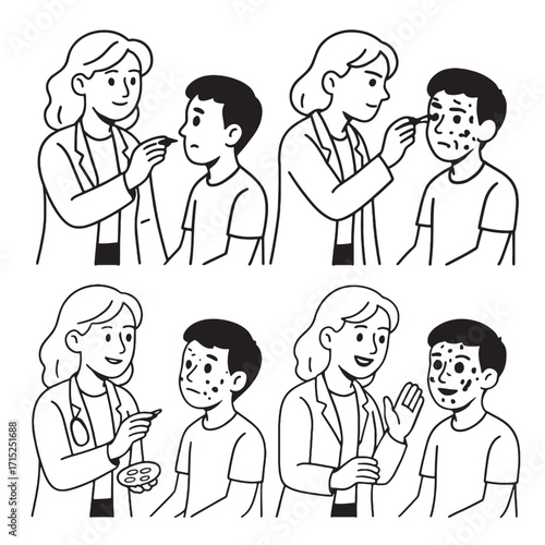 Doctor boy chickenpox examination treatment happy recovery healthcare cartoon