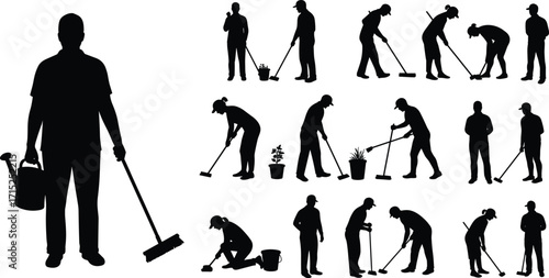 Silhouettes of Workers Sweeping, Cleaning, and Gardening Outdoors, Maintenance Crew with Tools and Plants, Vector Set for Landscaping Illustration