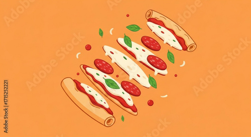 Deconstructed Pizza with Floating Ingredients on an Orange Background