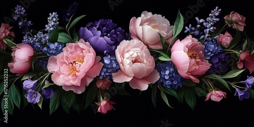 Fototapeta Naklejka Na Ścianę i Meble -  Elegant arrangement of blooming pink peonies and purple flowers with lush green leaves on a black background conveying beauty and sophistication