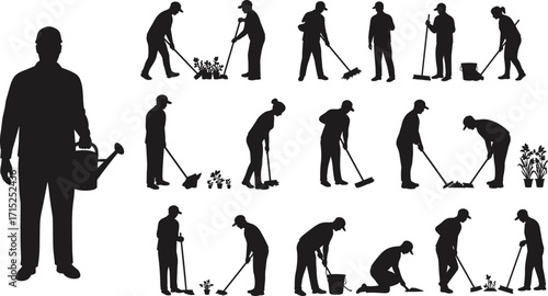 Silhouettes of Gardeners Sweeping, Cleaning, and Watering Plants, Outdoor Workers Using Tools, Vector Set for Landscaping and Gardening Concepts
