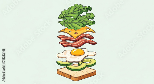 An artistic illustration of a deconstructed avocado toast with bacon, egg, and cheese