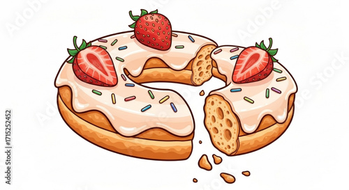 Delicious Strawberry Donut Illustration A Sweet Treat with Sprinkles and Bite Taken