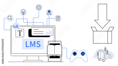 Desktop with LMS interface, book, game controller, icons for analytics, certificate, and download. Ideal for education, e-learning, training technology gamification content creation digital