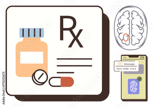 Prescription elements with pill bottle and tablets, brain scan for medical analysis, and mobile device with fingerprint authentication. Ideal for healthcare, medications, biometrics, cybersecurity