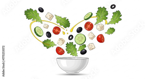 Fresh Salad Ingredients Falling into Bowl A Healthy Recipe Concept