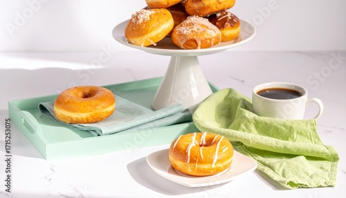 Fresh Glazed Donuts with Coffee on White Background